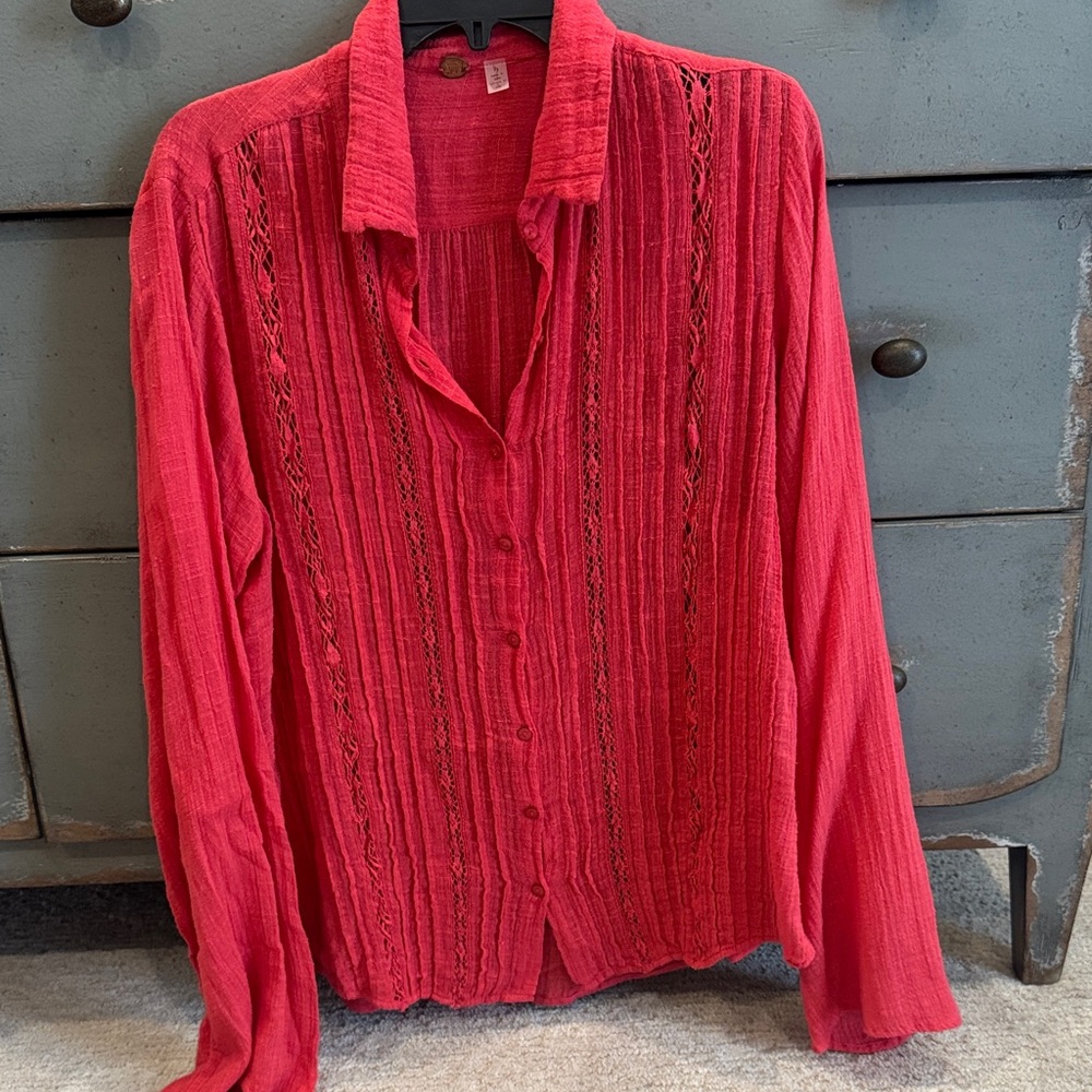 Free People Red Textured Button-Down Shirt